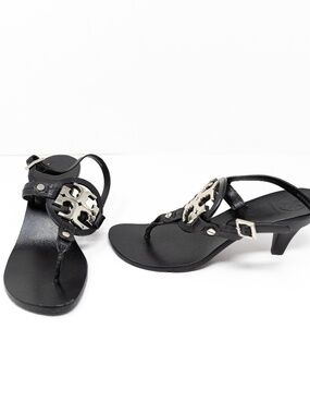 Tory Burch Holly Genuine Leather Strappy High Heel Sandals Shoes Silver Logo 6